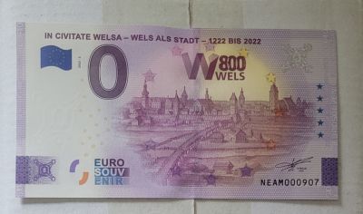 „In civitate Welsa“ (800 Jahre Stadt Wels) - herausgegeben zum großen Stadtjubiläum (1222–2022). Er zeigt historische Stadtmotive und das Jubiläumswappen – 0-€-Schein – Vorderseite