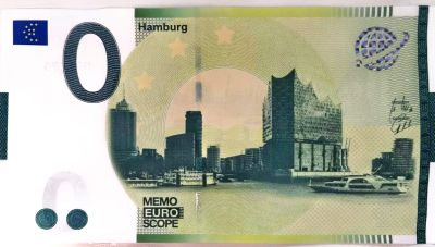 verschiedene Hamburger Wahrzeichen – 0-€-Schein – Vorderseite